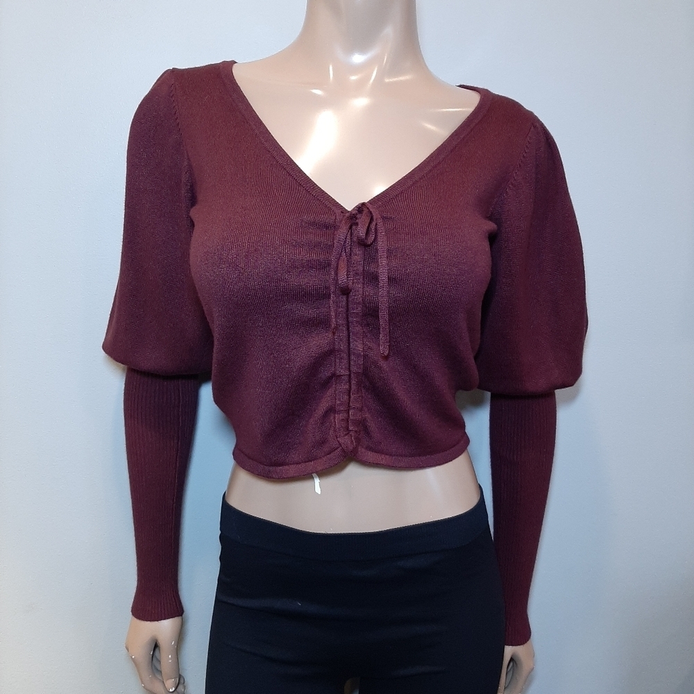 💠Guess Layla Puff Sleeve Cropped Sweater Cinch Drawstring Front Ribbed Pullover - Picture 4 of 13